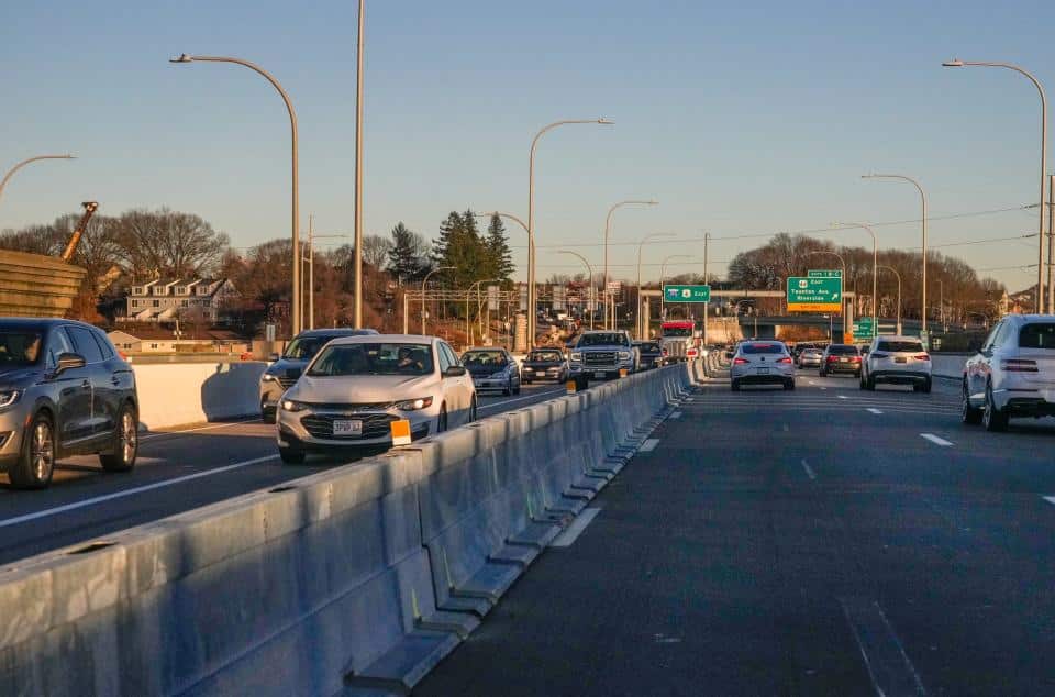 The temporary westbound lanes on the eastbound side of the Washington Bridge.